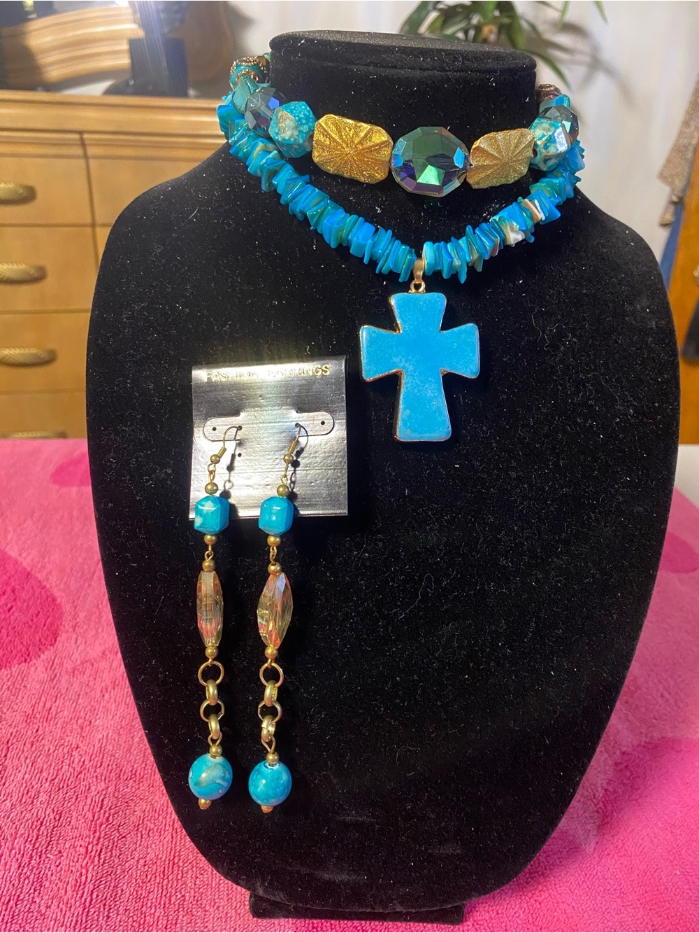 Turquoise Cross Pendant Necklace and Dangle Earring Set - Unbranded